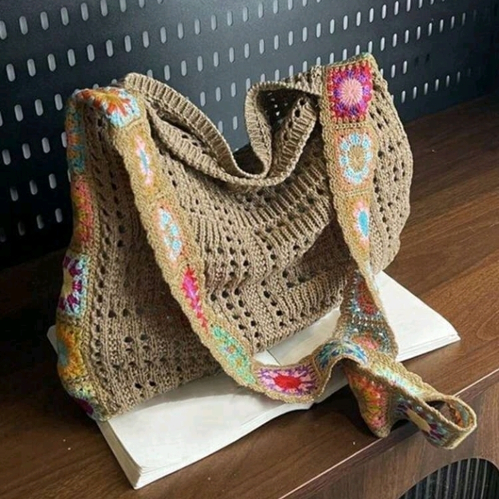🌻Host Pick🌻Vintage Boho Crochet Shoulder Bag Brown Multicolor Floral Accents - Picture 2 of 10